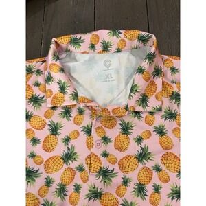 Caddy cart  Mens Pink Pineapple Print Performance Golf Polo Shirt XLarge